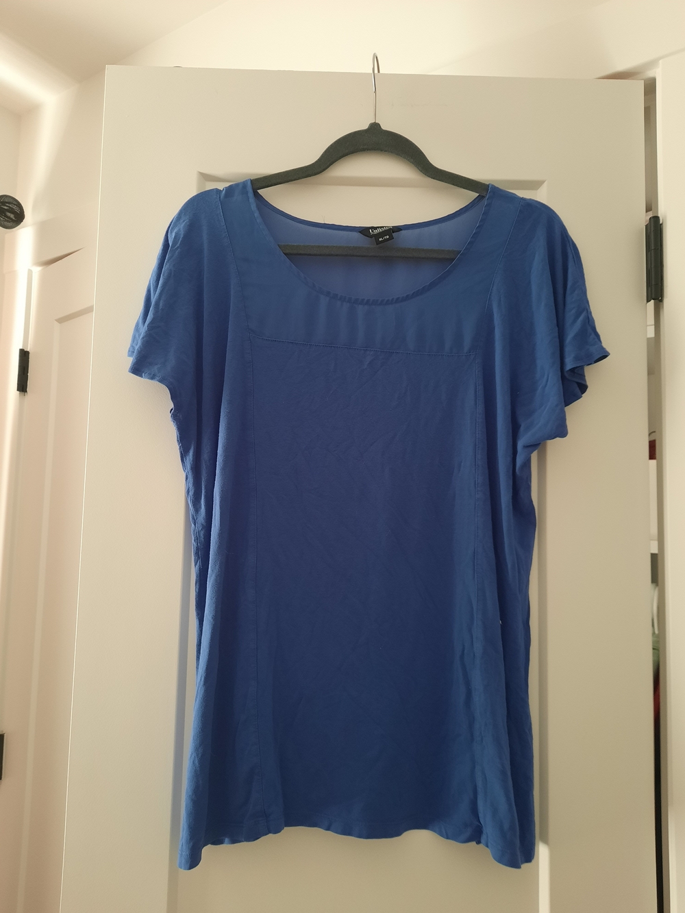 Blue Short Sleeve Top With Mesh Neckline